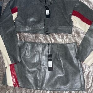 Fashion Nova Gray and Red Leather Jacket & Skirt Set